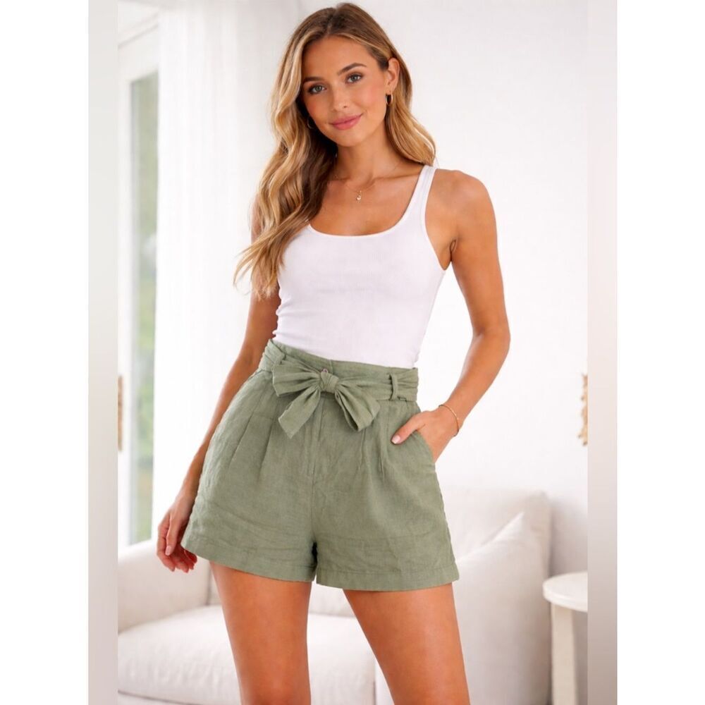ASOS Hi Rise Pleated Shorts Tie Waist Green 10 Preppy